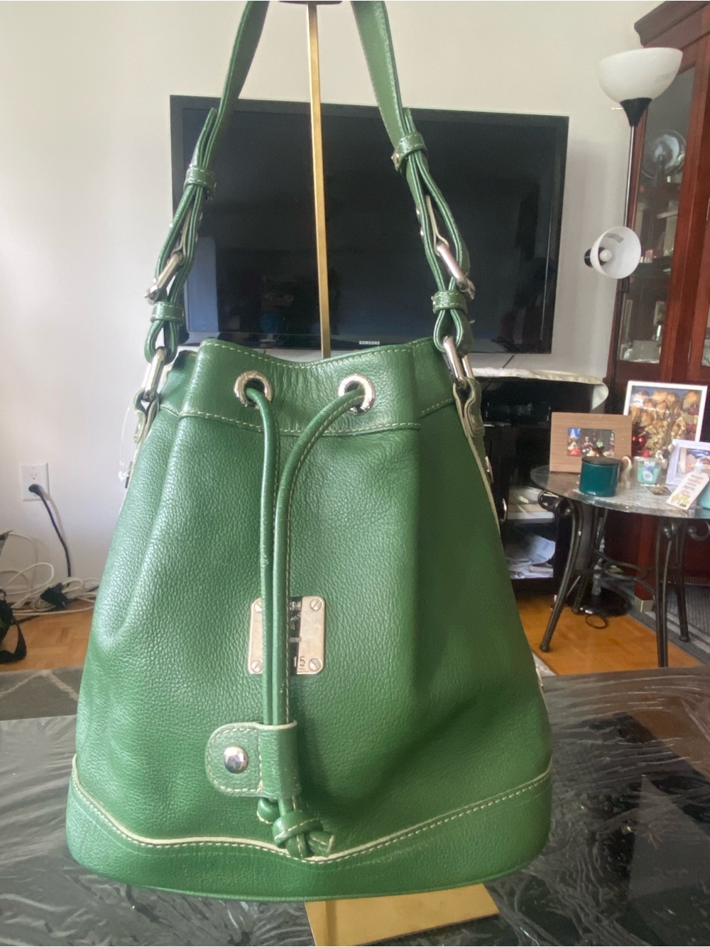 MCM Green Pebbled Leather Drawstring Shoulder Bag with Silver Hardware